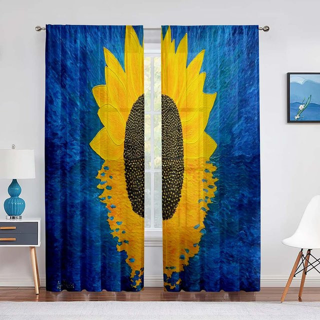 Transparenter Voile Vorhang mit Sonnenblumen-Ölgemälde-Print, Chiffon Tüll Vorhang mit Ösen, B: 100 cm, H: 250 cm - Bild 1