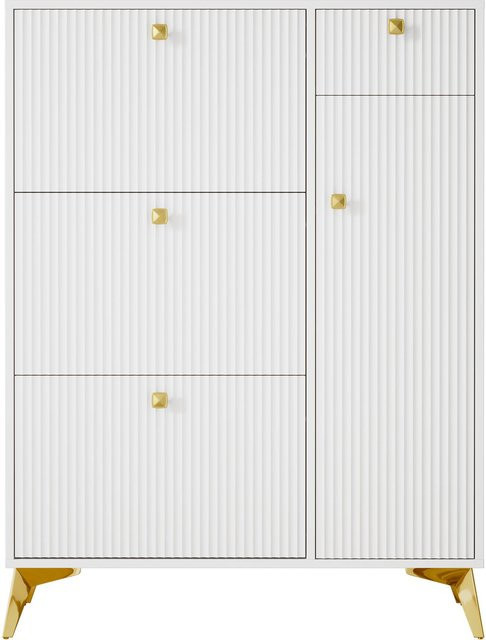 Schuhschrank RN Store mit 3 Klappen in Weiß, moderner Schuhkipper mit Wellenoptik, B/T/H: 90 x 25 x 121 cm - Bild 1