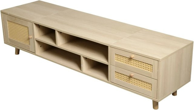 okwish TV Schrank mit Rattan und Kabelmanagement in Natur, B/T/H: 160 x 39 x 40,5 cm - Bild 1