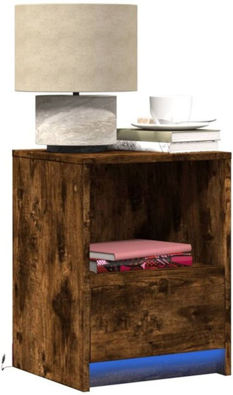 Vidaxl Nachttisch aus Holzwerkstoff in Räuchereiche mit LED-Leuchten, Braun, Modern und Klassisch - Bild 1