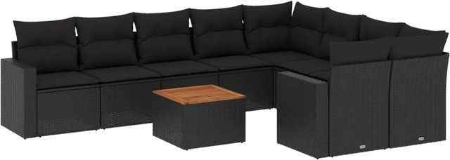vidaXL 10-tlg. Garten-Sofagarnitur in L-Form aus Polyrattan und Akazienholz mit Kissen, Schwarz - Bild 1