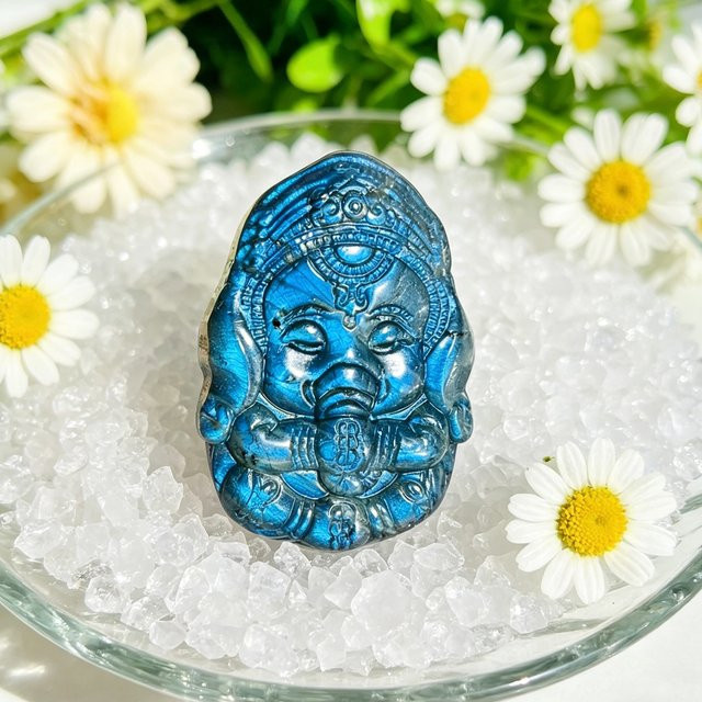Handgefertigte Ganesha-Schnitzerei aus natürlichem Labradorit als Edelstein-Kunstwerk für deine Reiki-Heimdekoration oder DIY-Schmuckherstellung - Bild 1