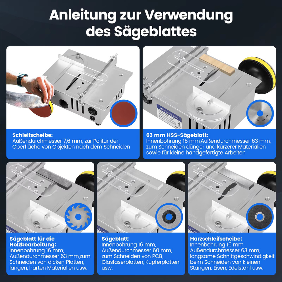 Jugacool Mikro-Tischkreissäge in Silber mit 96 W Leistung, Dual-Motorsteuerung, 7 Geschwindigkeiten und 4 Sätzen Sägeblättern, höhenverstellbar für Präzisionsschnitte von 0,1 bis 15 mm - Bild 2