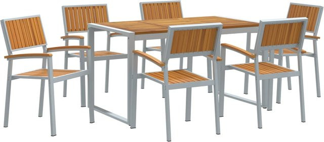 vidaXL 7-teiliges Gartentisch-Set aus massivem Akazienholz und Metall in Braun und Grau - Bild 1