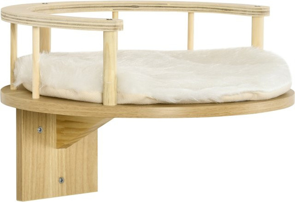 PawHut Katzenbett für die Wandmontage aus Eiche und Plüsch in Cremeweiß, Durchmesser: 34 cm, Höhe: 10,5 cm