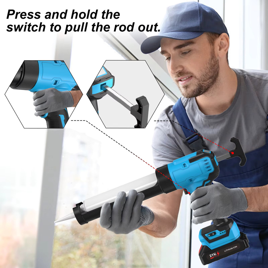 TKKEACE Elektrische kabellose Kartuschenpistole mit 6 Geschwindigkeiten und LED-Licht, Silikon-Dichtmittel- und Klebstoffspender, kompatibel mit Makita 18V Akku, Gelb-Blau - Bild 3