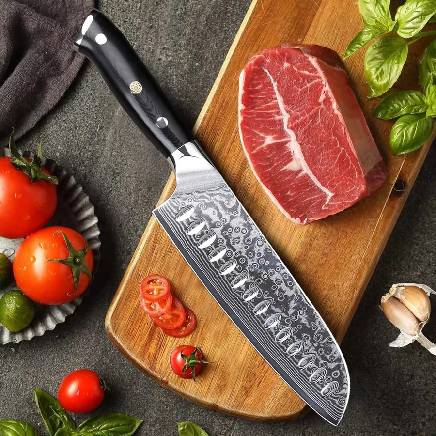 TURWHO Santokumesser im japanischen Stil aus Damaststahl, Silber, Klingenlänge: 17,78 cm - Bild 3