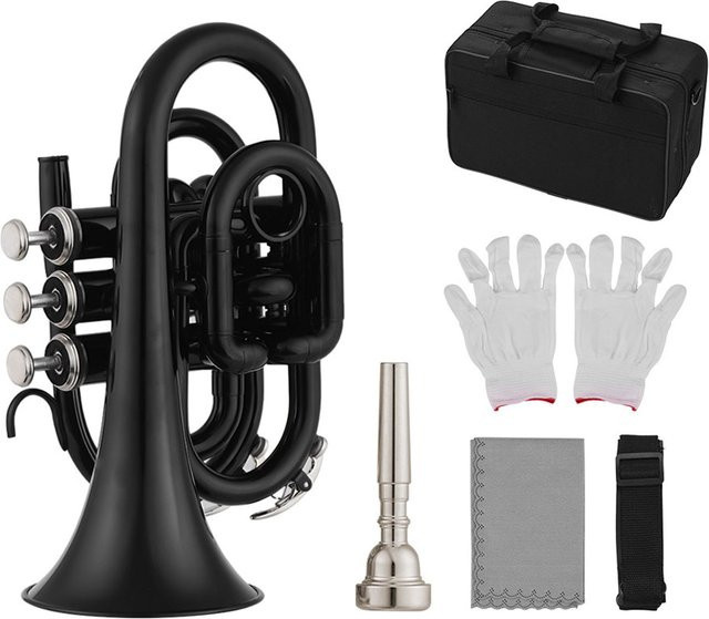 Mini Taschen Trompete Bb aus Messing in Schwarz inklusive Mundstück, Handschuhen, Reinigungstuch und Tragetasche - Bild 1