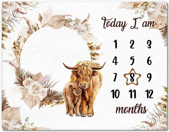 VIKAMA Baby-Meilenstein-Decke mit Highland Cow und Boho-Blumenkranz-Print als 12-Monats-Wachstumstracker, B/T: 100 x 75 cm - Bild 1