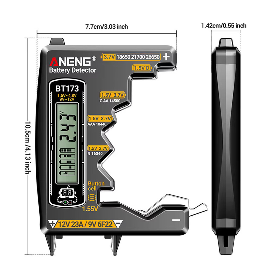 Gaqqee BT173 Batterietester und Batteriespannungsmesser in Schwarz für AA, AAA, C, D, 9V sowie 18650 und 21700 Batterien - Bild 2