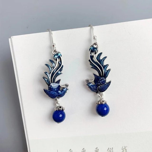 YIRAN Jewelry Quastenohrringe, Blaue Emaille, Phönix, Lapislazuli, Damen - Bild 1