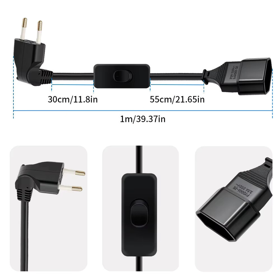 CILIA EU 2-Pin Verlängerungskabel mit Ein/Aus-Schalter, Schwarz, Länge: 1 m, 2,5A 250V - Bild 2