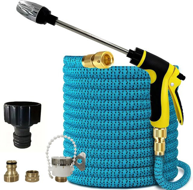 FLOWERS SPRAL Garten-Zauberschlauch mit Hochdruck-Autowaschpistole und Schaumstoffschutz in Blau - Bild 1