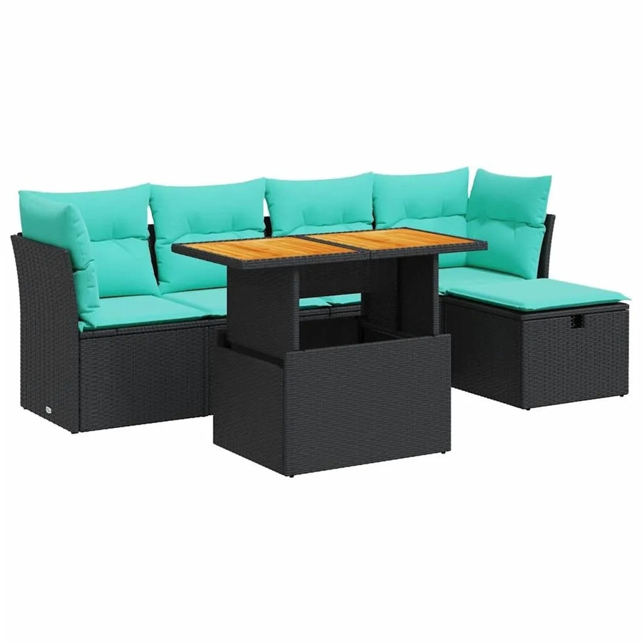 vidaXL 6-teilige Garten-Sofagarnitur aus Poly-Rattan in Schwarz mit blauen Polsterkissen und L-Form - Bild 2