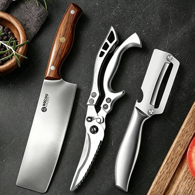 WXCOO Japanisches Fleischbeil und Küchenmesser Set aus Edelstahl in Silber mit Obst- und Gemüseschäler und Schere - Bild 1