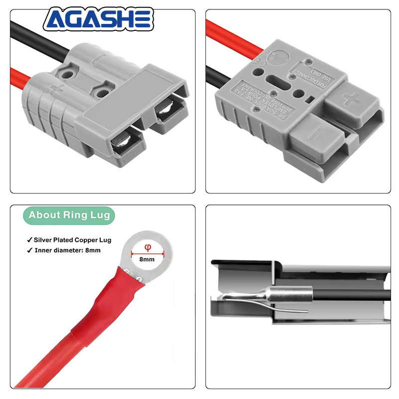 AGASHE 2-teiliger 50A Batterieadapter mit 12AWG Kabel und O-Klemmen, 25,4 cm Länge, Ladeanschluss für Elektrogabelstapler und 12V Seilwinden - Bild 4
