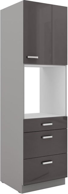 Küchen Hochschrank Bianca 60 in Grau Hochglanz mit 3 Schubkästen, einer Tür und einem offenen Fach - Bild 1