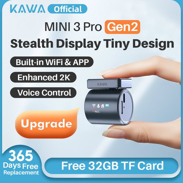 KAWA MINI3 Pro Gen2 Dashcam 2K Videorekorder mit WLAN, App- und Sprachsteuerung sowie Nachtsicht in Schwarz - Bild 1