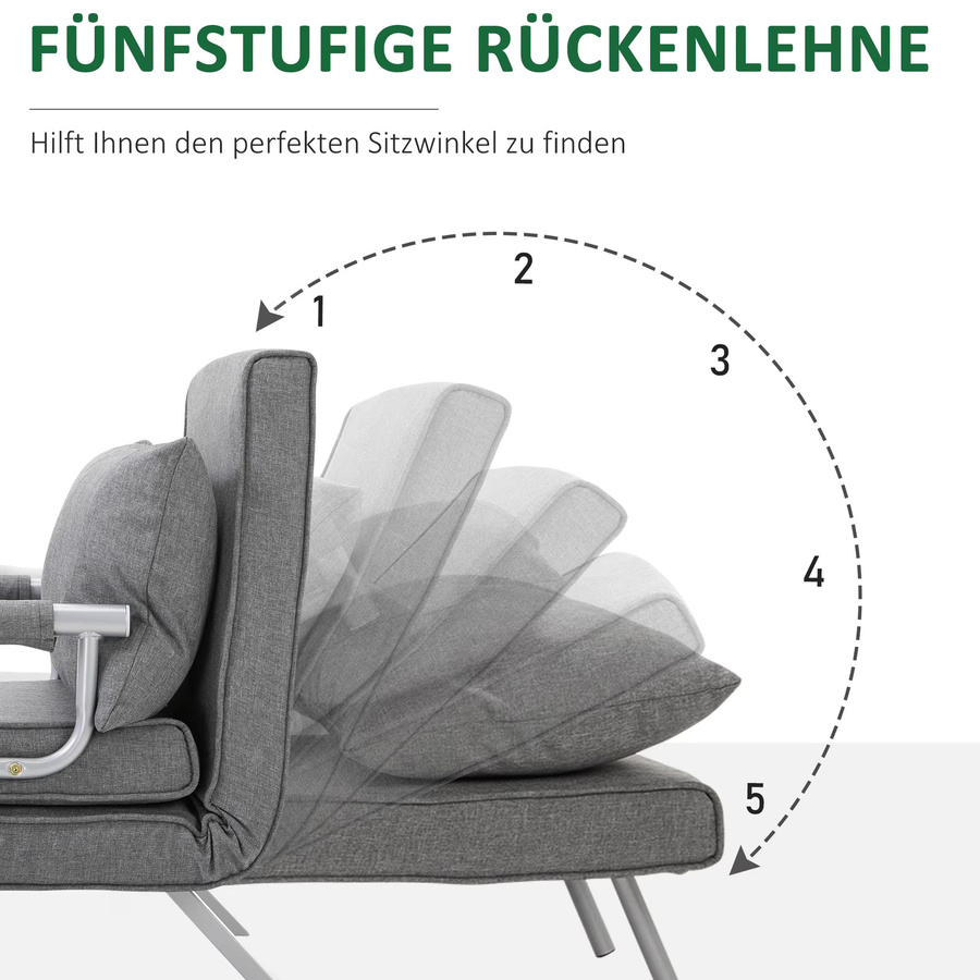 HOMCOM 3 in 1 Schlafsessel in Leinenoptik, klappbares Schlafsofa mit verstellbarer Rückenlehne und Kissen als Gästebett, Grau, B/T/H: 65 x 69 x 80 cm - Bild 4