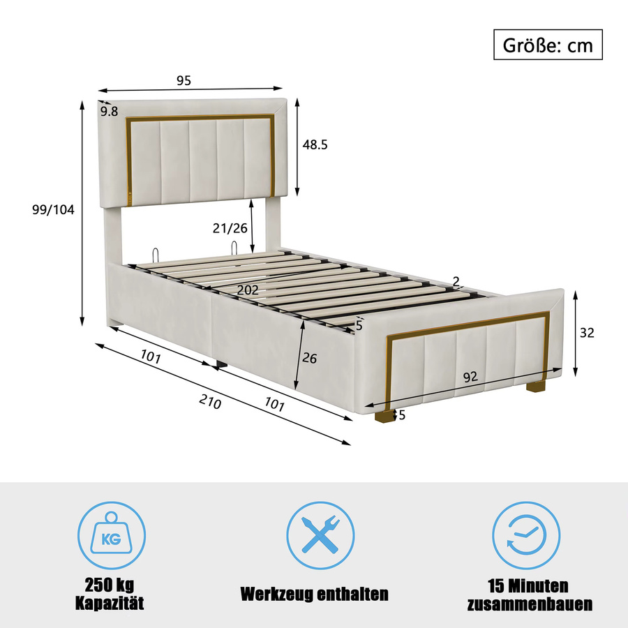FEEOHOME Polsterbett mit Stauraum in Cremeweiß und Gold, Einzelbett aus Samt mit höhenverstellbarem Kopfteil und Gasdruckfeder, B/T: 90 x 200 cm - Bild 2