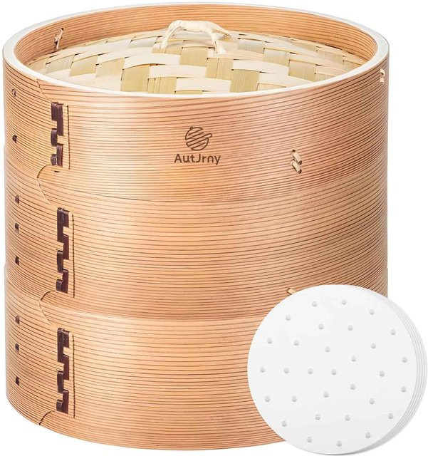 Zen-style-Selection Chinesischer Zederndampfkorb aus Holz, 2-stöckig mit Deckel und 50 Papierbögen, beige, Durchmesser: 21 cm - Bild 1