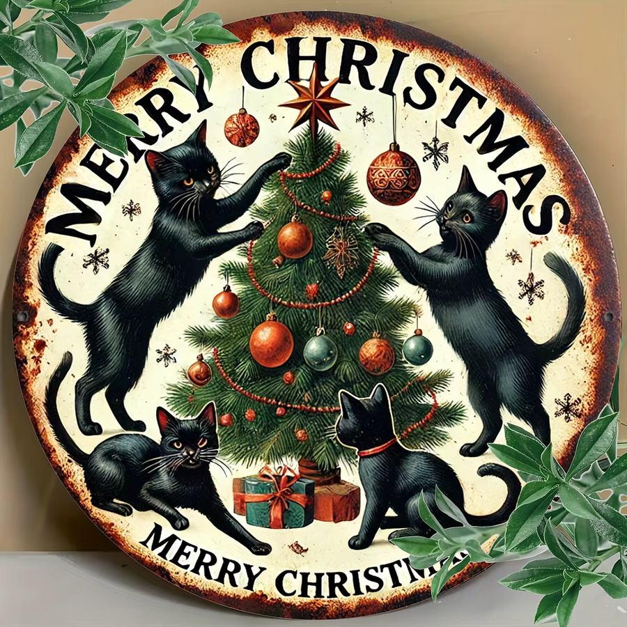 Rundes Metallschild von Potdemiel mit schwarzer Katze für Weihnachtsdekoration, Durchmesser: 20,32 cm - Bild 3
