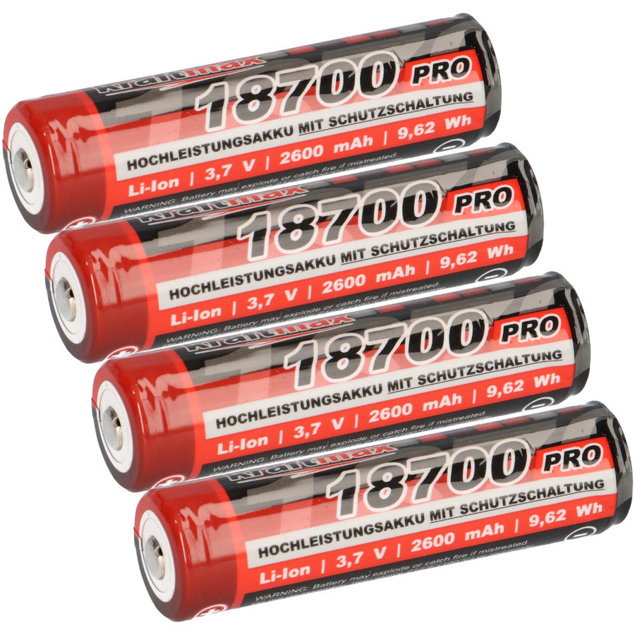 4er Set Kraftmax 18650 18700 Pro Akku mit PCB Schutzschaltung für LED Taschenlampen, 3,7V, 9,62 Wh, Farbe: Rot - Bild 1