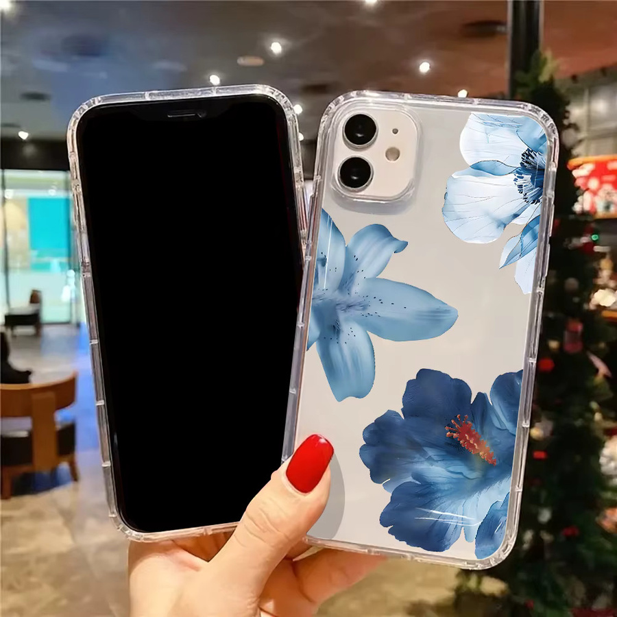 Transparente Silikon Handyhülle mit blauem Hibiskus-Blumenmuster für Apple iPhone 11 bis iPhone 17 Pro Max und weitere Modelle - Bild 4