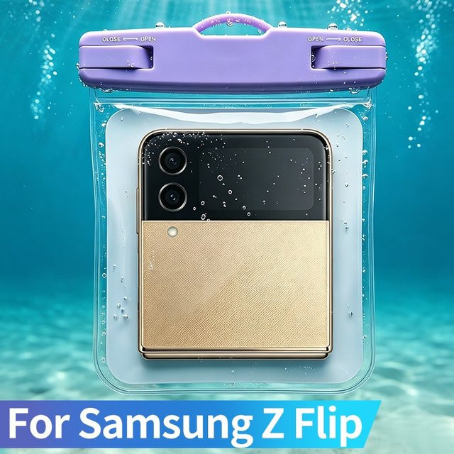 Wasserdichte TPU Handyhülle für Samsung Z Flip in Schwarz und Transparent mit Trageband für Schwimmen und Strand - Bild 1