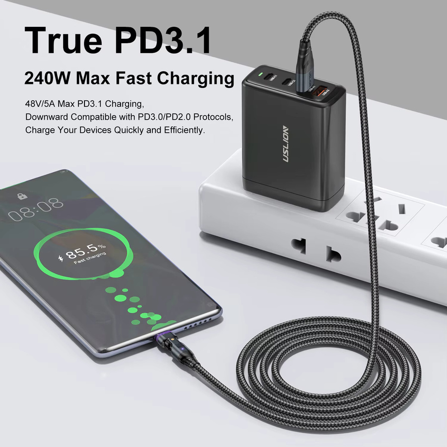 USLION Magnetisches PD3.1 240W USB-C zu Micro-USB Ladekabel für Xiaomi Samsung Huawei und iPhone 15 in Schwarz oder Grau - Bild 4