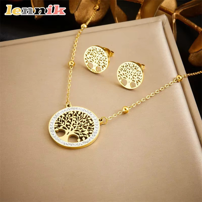LENNIK Schmuck-Set, Baum des Lebens Anhänger, Ohrstecker, Halskette, Edelstahl, Gold, Zirkonia - Bild 2