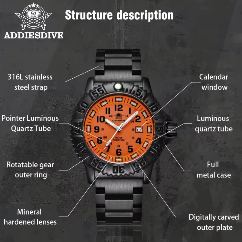 Addies Armbanduhr, Quarz, Edelstahl, Textil, Schwarz, Herren - Bild 4