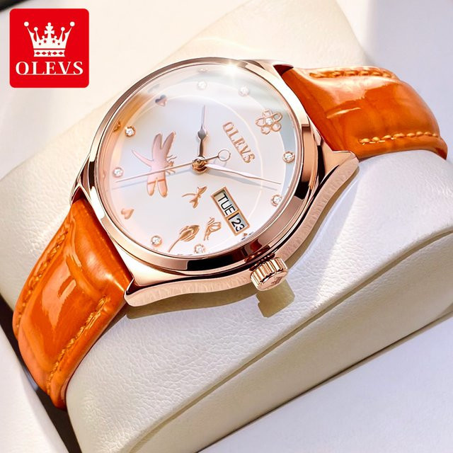 OLEVS Armbanduhr Automatik, Leder, Roségold, Weiß, Damen - Bild 1