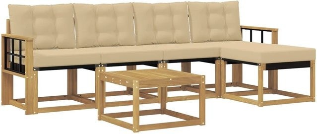 vidaXL Outdoor-Sofagarnitur 6-teilig aus Akazienholz in Weiß und Beige mit Kissen und Polsterung - Bild 1
