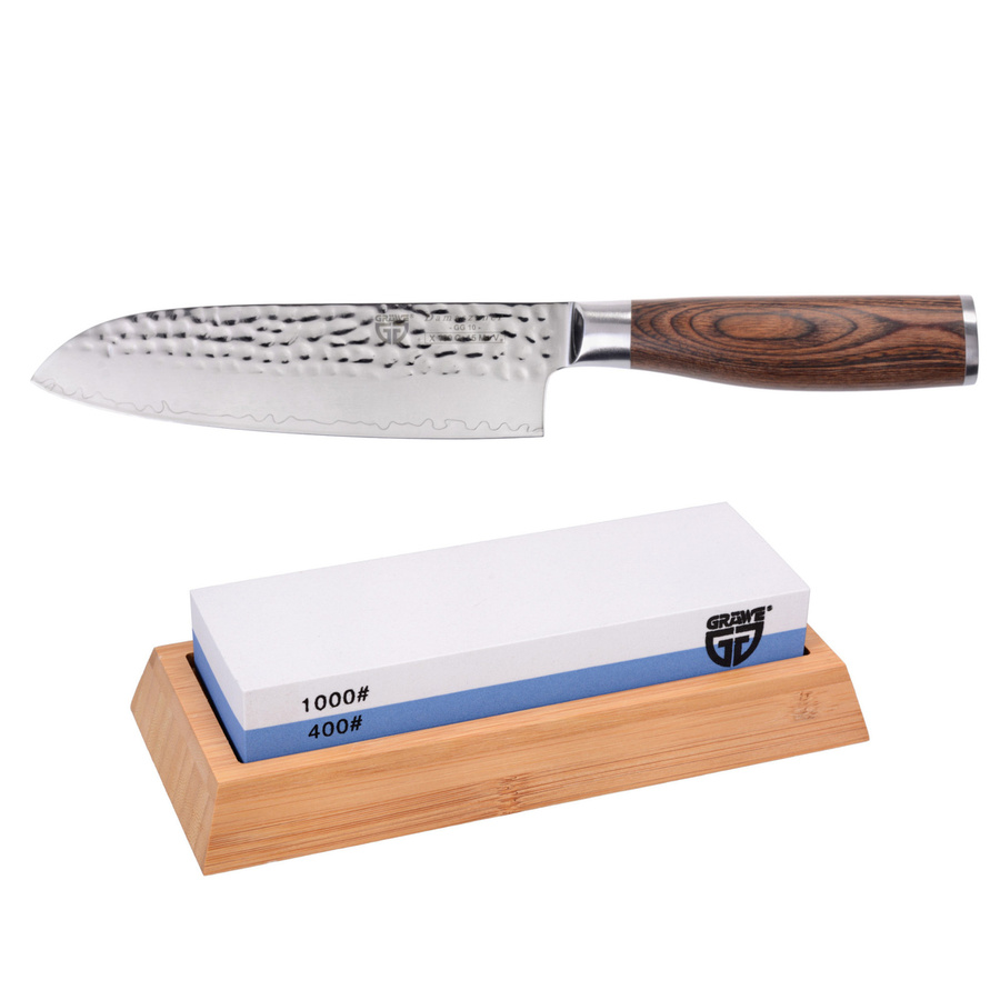 GRÄWE Damastmesser-Set mit Santokumesser und Wetzstein 400/1000, hellbrauner Pakkawood-Griff, 17,5 cm - Bild 1