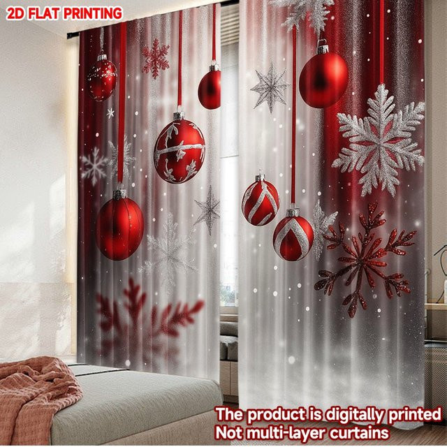 2er-Set Weihnachts-Vorhänge aus Polyester mit roten Ornamenten und Schneeflocken-Design - Bild 1