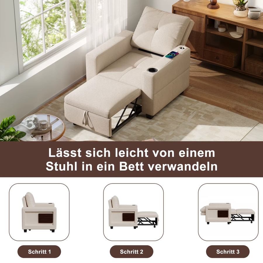 FANGANGE 3-in-1 Schlafsofa Beige mit Bettfunktion und Getränkehalter als Schlafsessel für dein Wohnzimmer - Bild 3