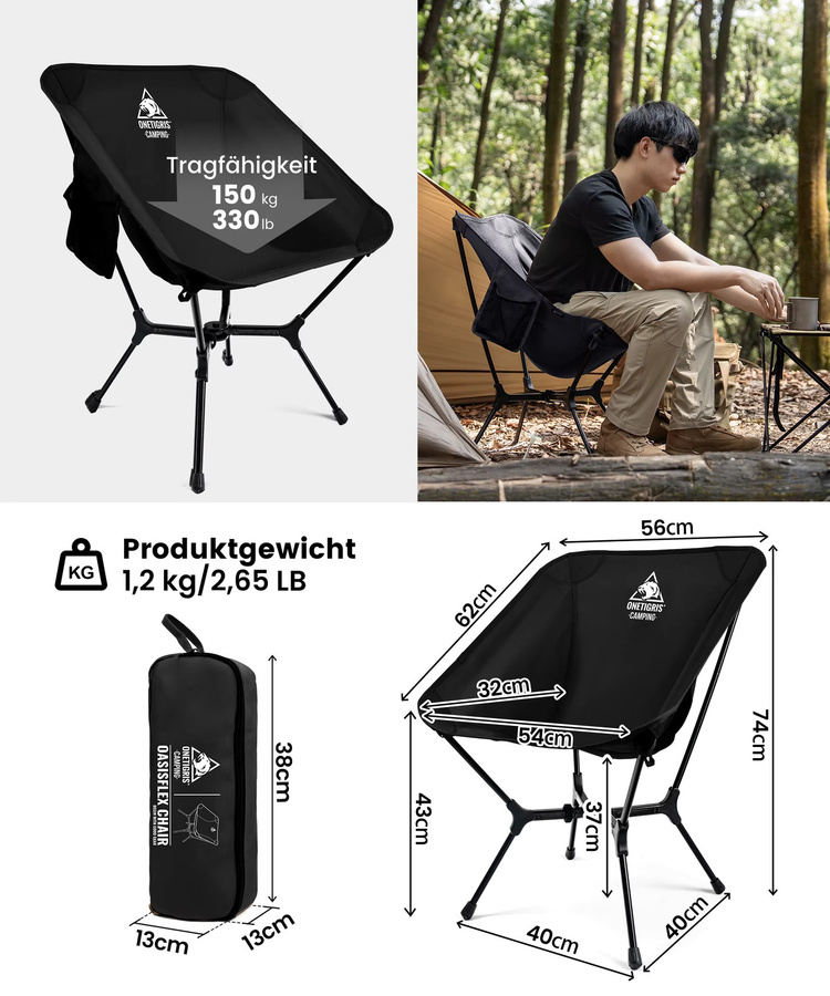 OneTigris OasisFlex Campingstuhl in Schwarz, leichter Outdoor-Gartenstuhl für Strand, Picknick und Sport - Bild 4