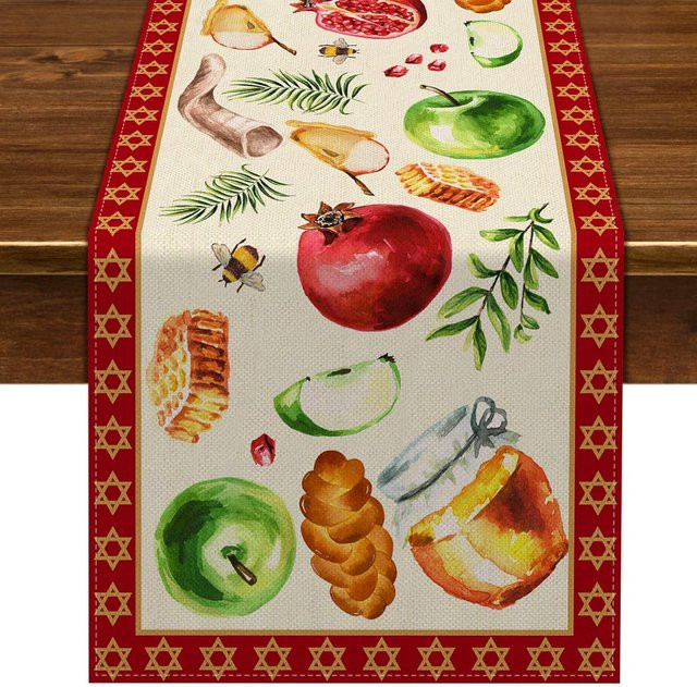 JINGYUE Pet Shana Tova Leinen Tischläufer für Rosch Haschana, braun, B/H: 150 x 33 cm - Bild 1