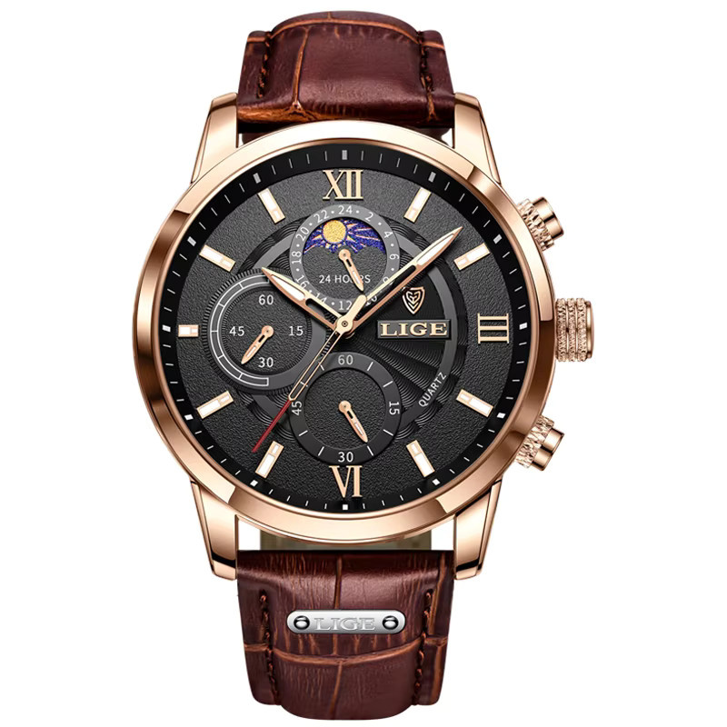 LIGE Armbanduhr Quarz, Leder, Schwarz, Herren - Bild 6