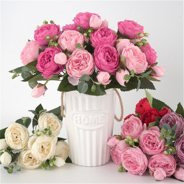 Künstliche Rosen von XIAOYINMO in Weiß und Pink, Seidenpfingstrosen zur Dekoration für Hochzeit und Zuhause, Höhe: 30 cm - Bild 1