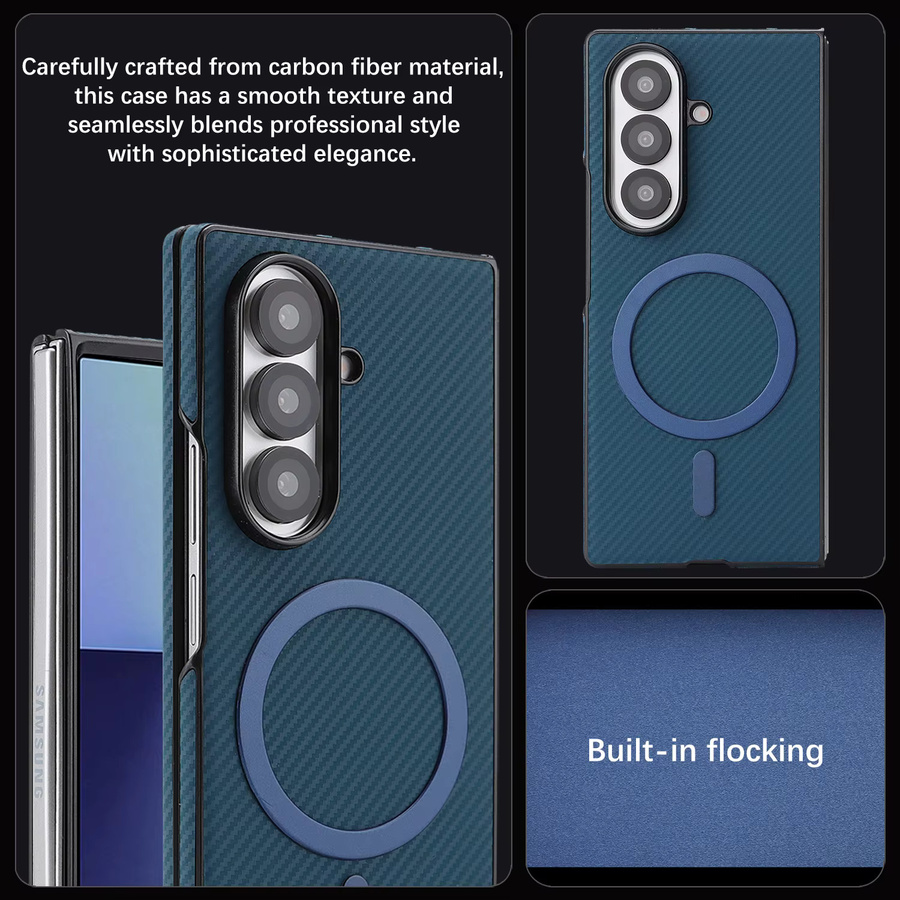 Luxuriöse ultradünne Handyhülle aus Kohlefaser-Leder für Samsung Galaxy Z Fold in Blau mit Magnetic MagSafe Business Cover - Bild 3