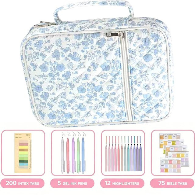 Blumen-Bibelstudien-Taschenset in Blau mit Textmarkern, Gelstiften und Index-Tabs als tragbares All-in-One-Bibeljournal - Bild 1