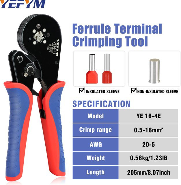YEFYM Crimpzange YE 16–4E für Aderendhülsen und Rohrklemmen, 0,5–16 mm2/20–5 AWG - Bild 1