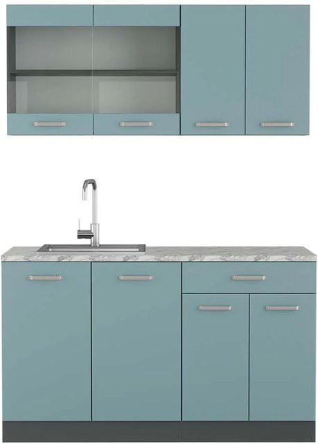 Vicco R-Line Singleküche Blau-Grau/Anthrazit mit Marmor-Arbeitsplatte Breite: 140 cm, Tiefe: 60 cm - Bild 1