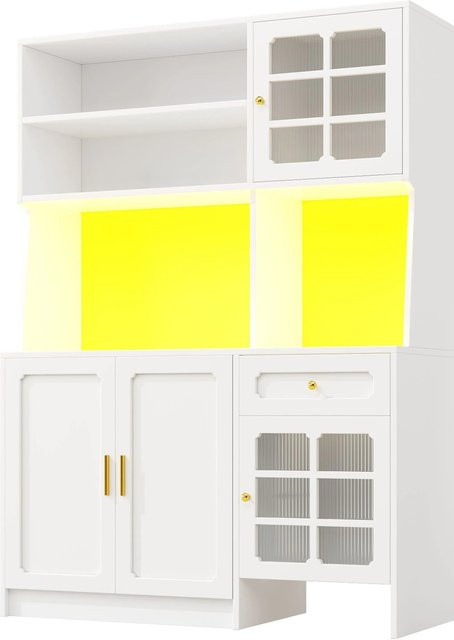 Merax Küchenschrank mit Glastüren und LED-Beleuchtung in Weiß, B/T/H: 130 x 45 x 180 cm - Bild 1