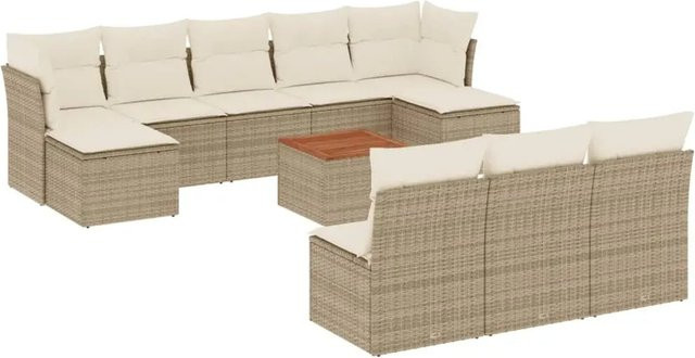 vidaXL 11-tlg Garten-Sofagarnitur in L-Form aus Polyrattan mit Kissen in Beige und Cremeweiß - Bild 1