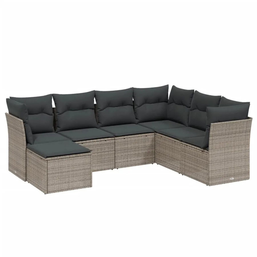 vidaXL 7-tlg. Garten-Sofagarnitur in L-Form mit Kissen, Hellgrau, Poly-Rattan und Metallgestell - Bild 2