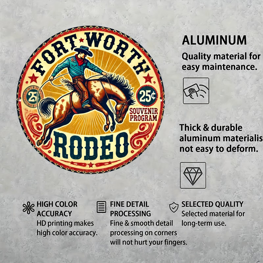 Potdemiel Vintage Fort Worth Rodeo Rundes Metallschild mit Cowboy- und Pferdedesign, Durchmesser: 20,3 cm, Mehrfarbig - Bild 5