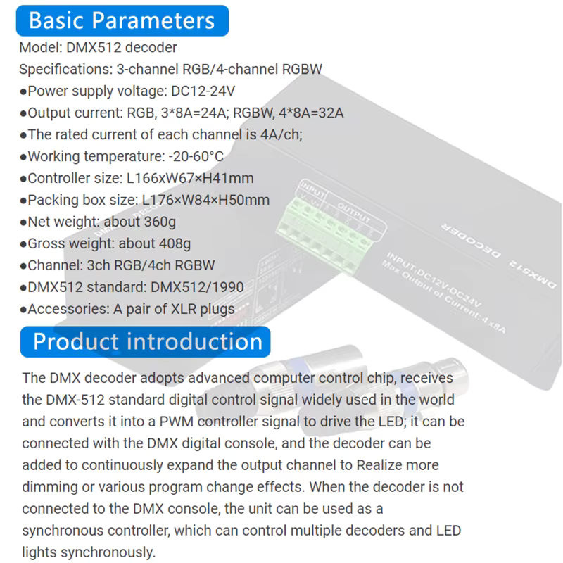 Lebeisenf DMX512 RGBW LED Decoder 4 Kanal Dimmer Controller für DC12V 24V mit XLR Stecker für LED Lichtstreifen und Bühnenanwendungen - Bild 6